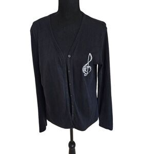 ULTRA CLUB Womens Black Button Front Cardigan with Embroidered Music Note Medium